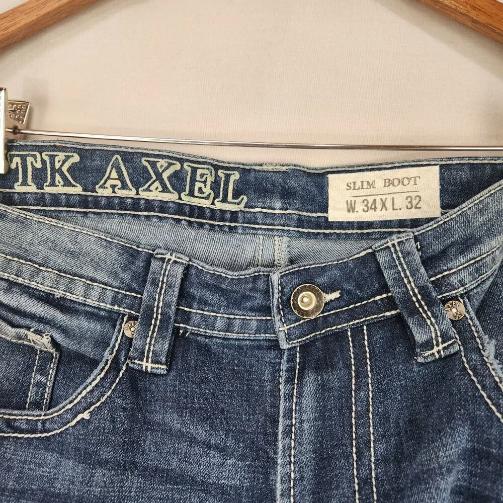 TK Axel Slim Boot Denim Jeans Men's 34x32 Distressed Classic Work Flap Pockets